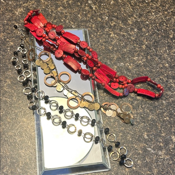 Vintage 80s Boho Lot 3 Chunky Necklaces Red Wood‎ Copper Metal Silver Tone - Picture 2 of 8